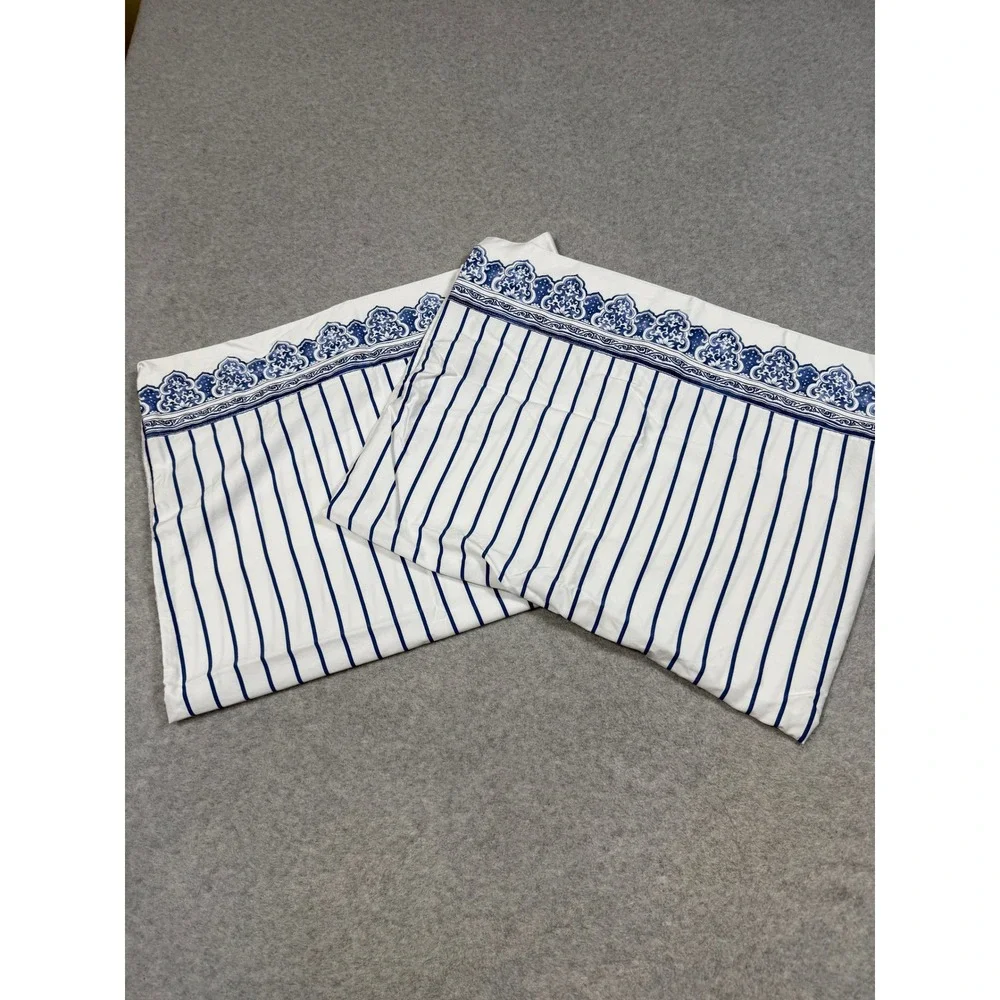 2 Ralph Lauren PALM HARBOR Standard Porcelain Medallion Pillow Cases Stripe